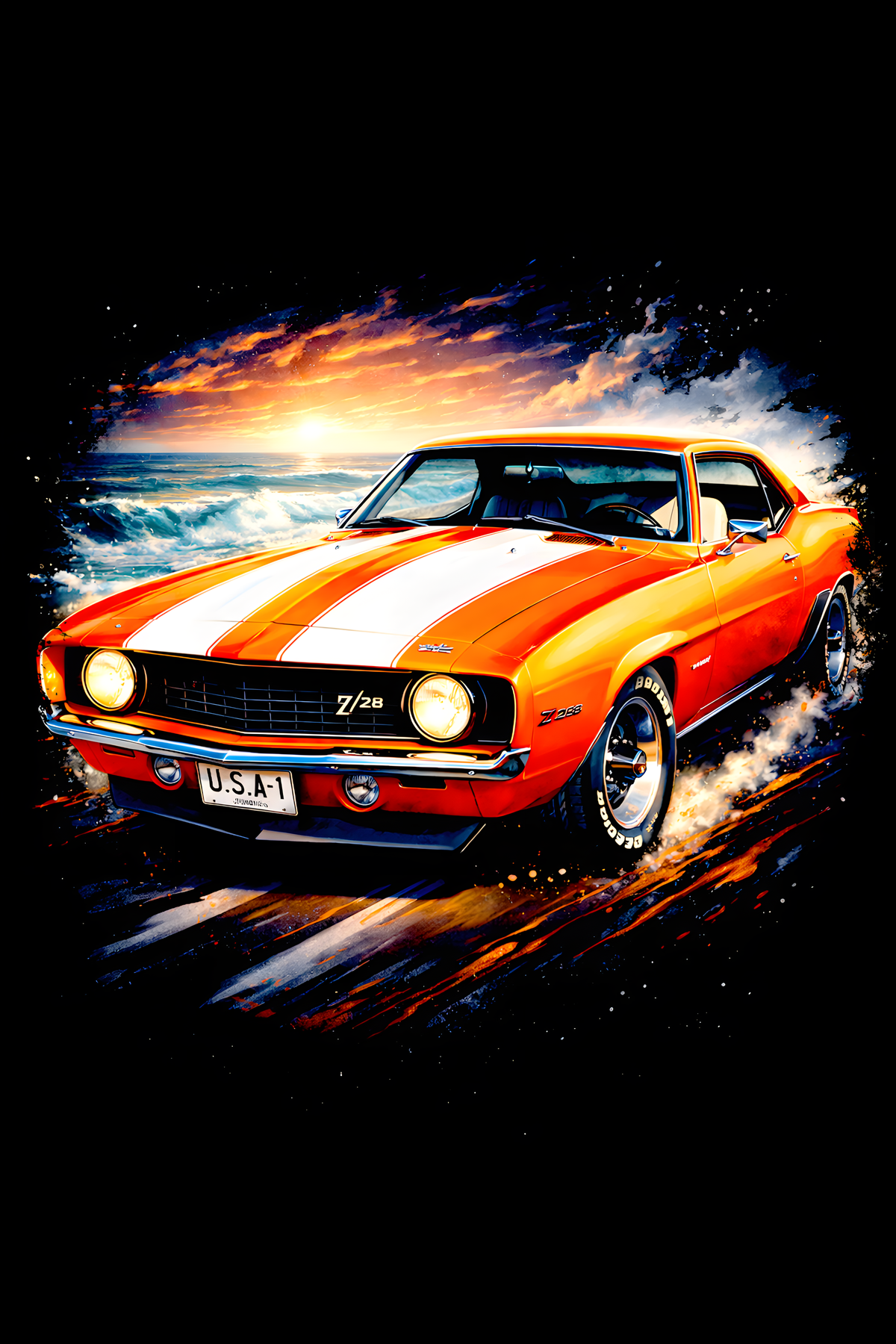 1969 Chevrolet Camaro Z/28 classic car halftone DTF transfer artwork on a black background