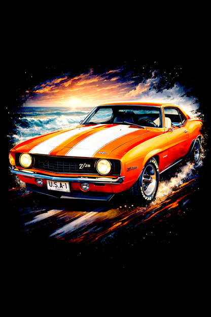 1969 Chevrolet Camaro Z/28 classic car halftone DTF transfer artwork on a black background