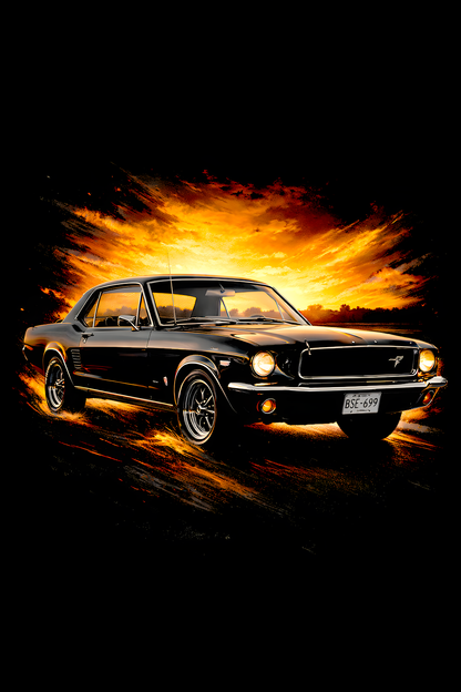 1965–1966 Ford Mustang Fastback classic car halftone DTF transfer artwork on a black background