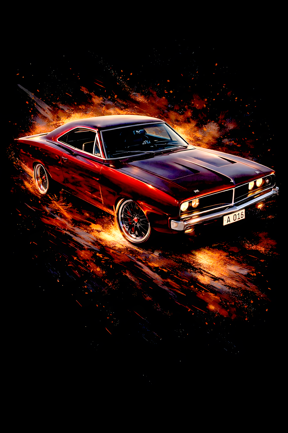 1970 Dodge Challenger R/T classic car halftone DTF transfer artwork on a black background