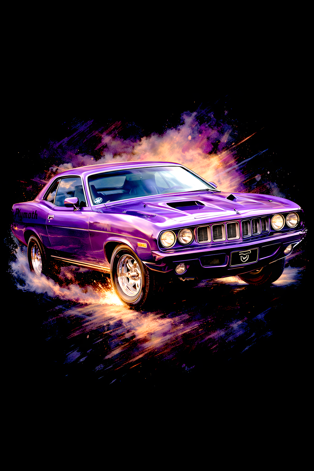 1971 Plymouth Hemi Cuda classic car halftone DTF transfer artwork on a black background