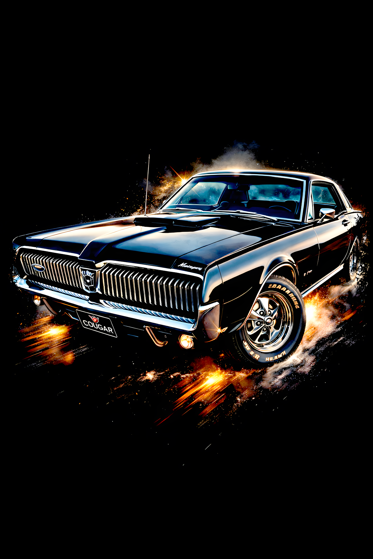 1967 Mercury Cougar GT classic car halftone DTF transfer artwork on a black background