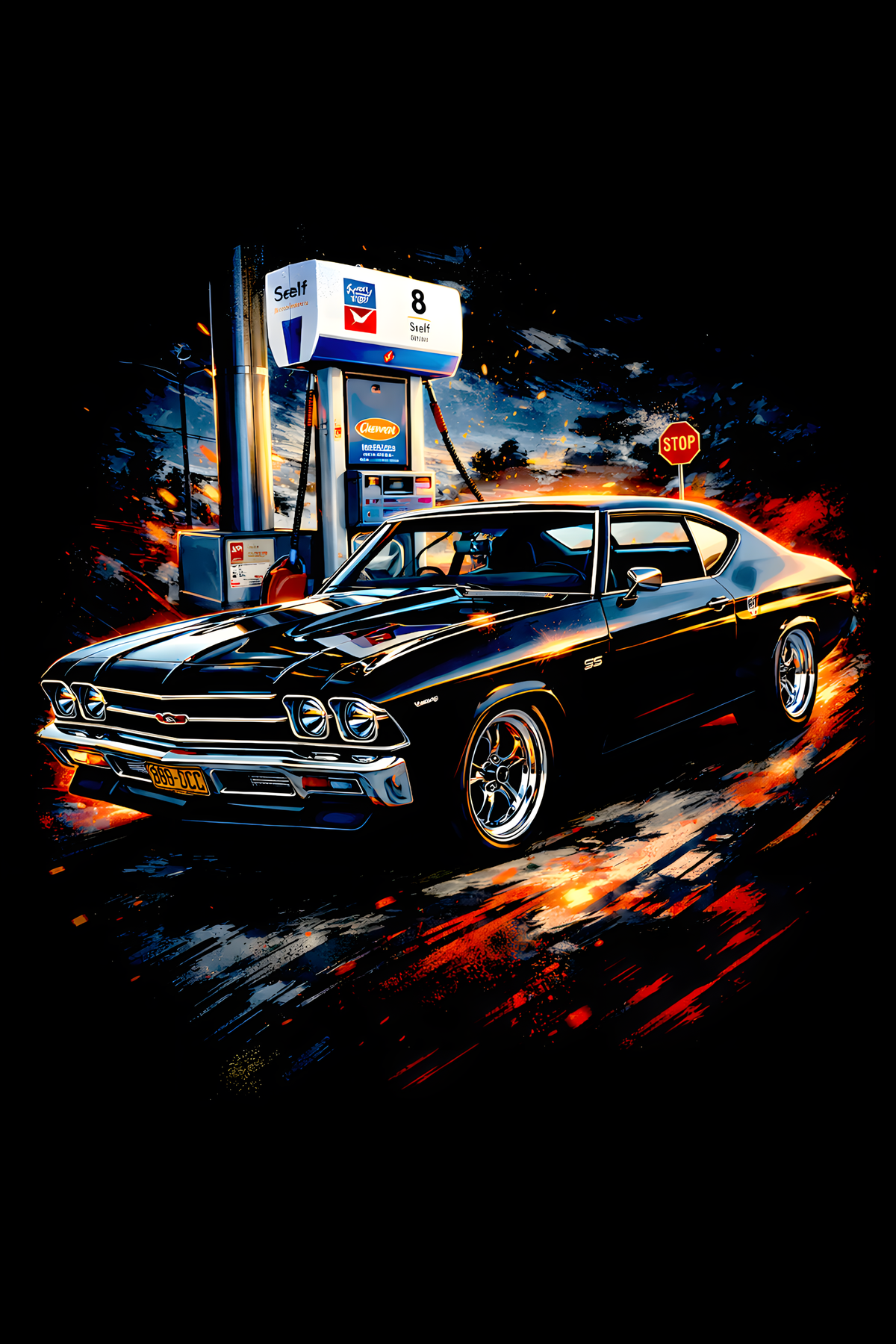 1969 Chevrolet Chevelle SS – Gas Station classic car halftone DTF transfer artwork on a black background