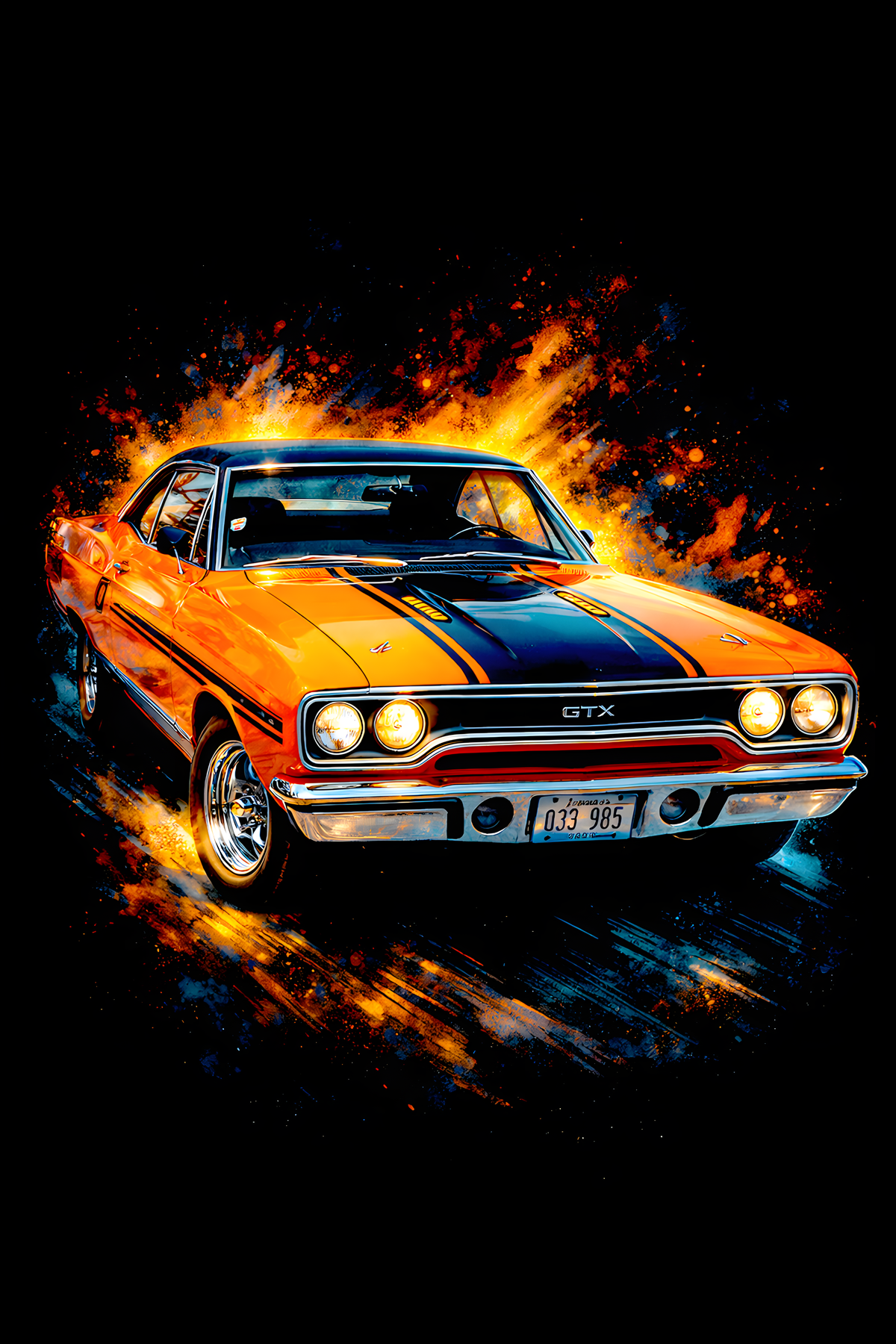 1970 Plymouth GTX classic car halftone DTF transfer artwork on a black background