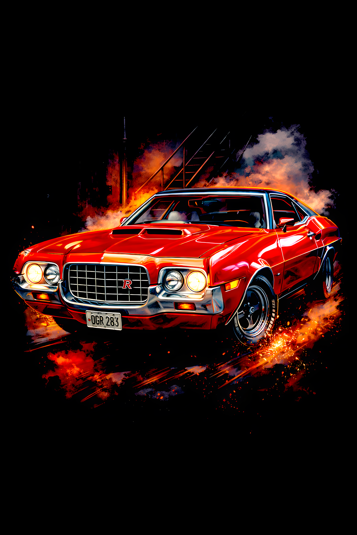 1971 Ford Torino Cobra classic car halftone DTF transfer artwork on a black background