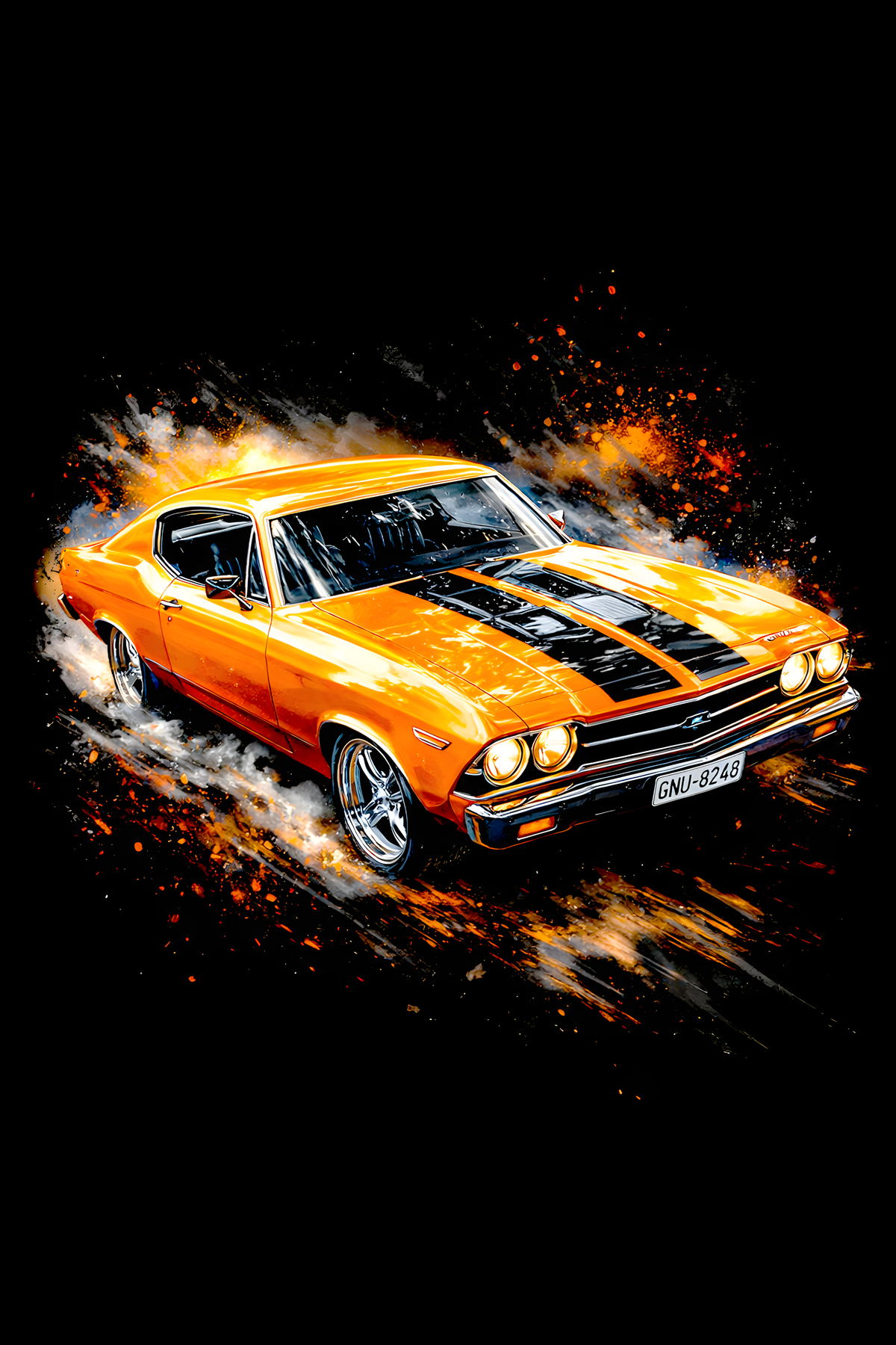 1969 Chevrolet Chevelle SS – Orange classic car halftone DTF transfer artwork on a black background