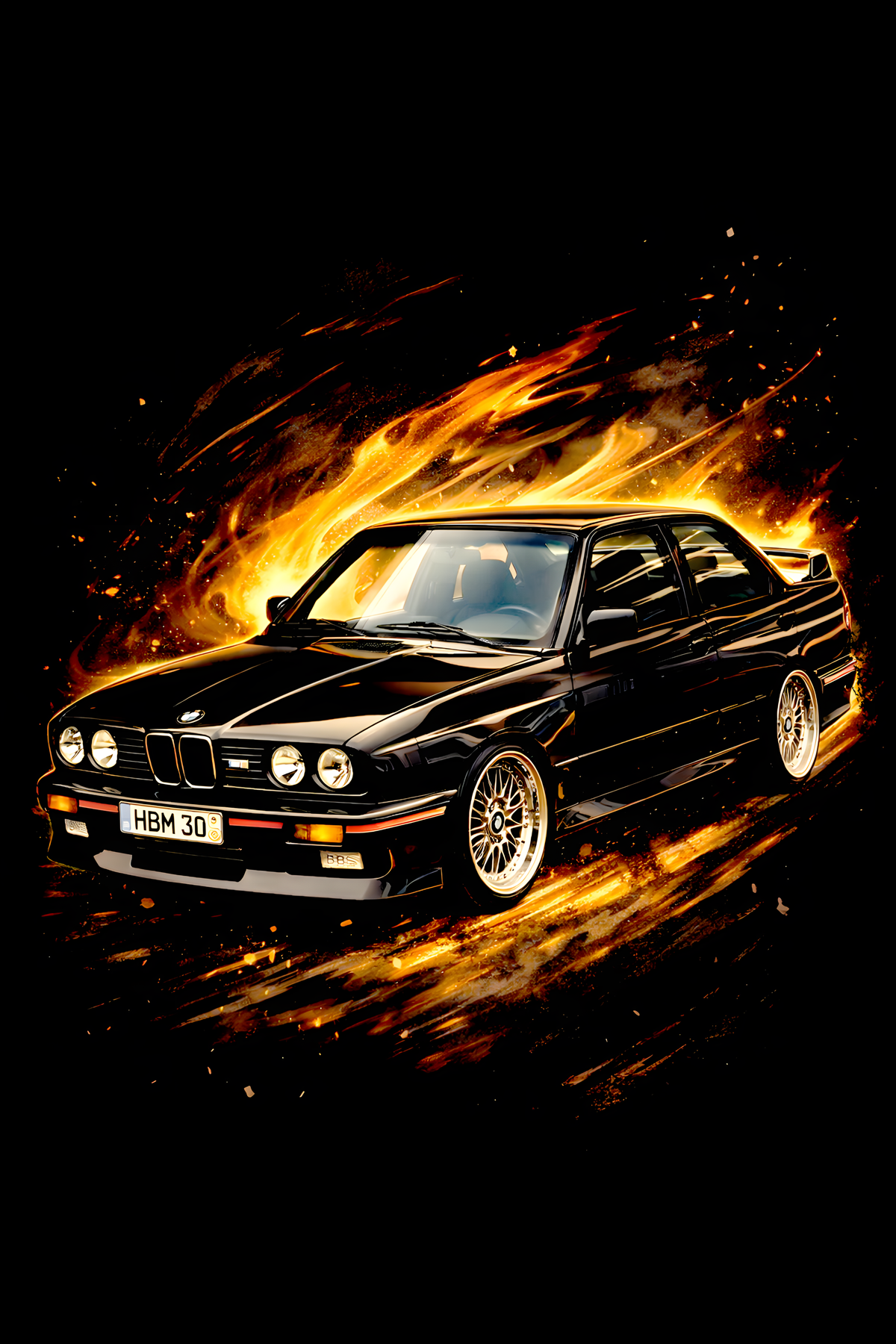 1986–1991 BMW M3 (E30) classic car halftone DTF transfer artwork on a black background