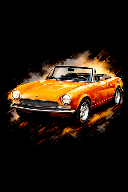 1966–1985 Fiat 124 Spider classic car halftone DTF transfer artwork on a black background