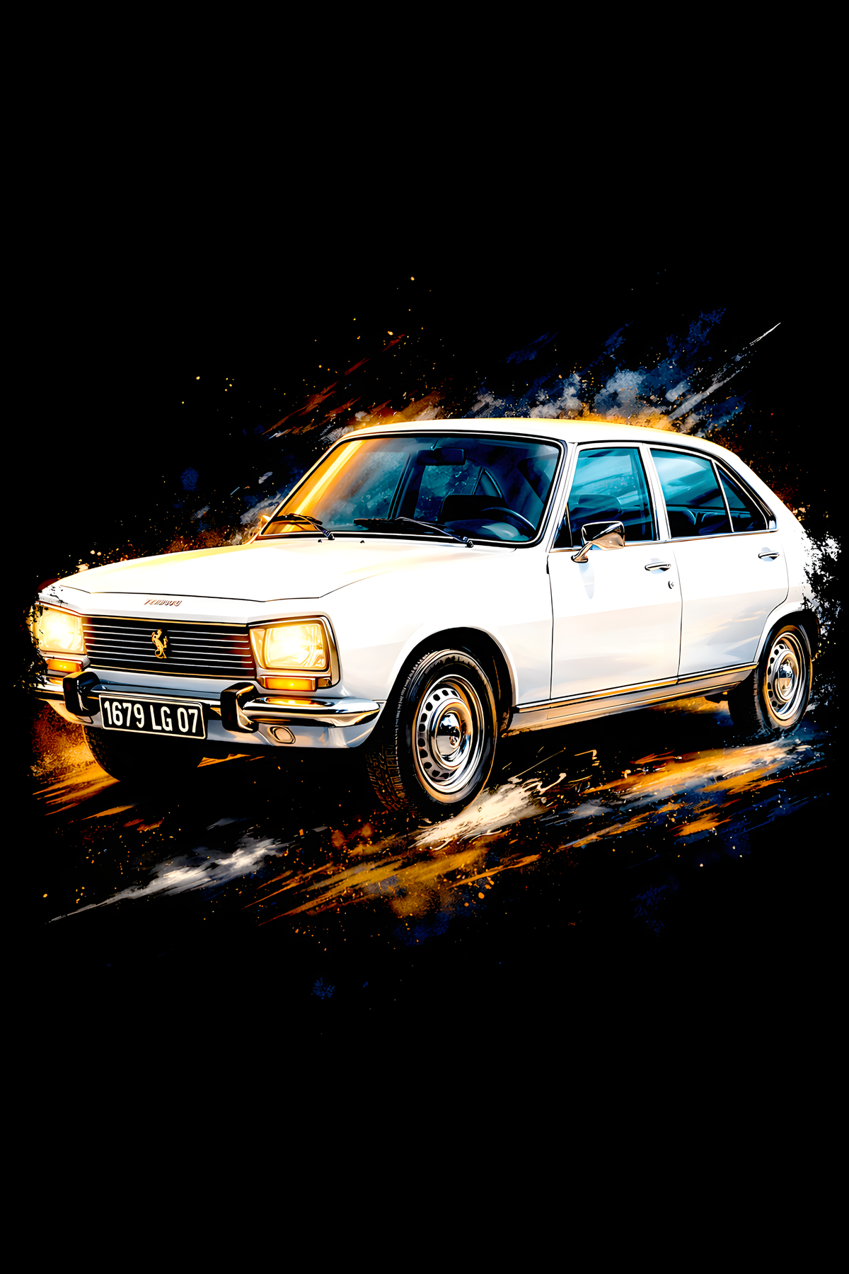 1968–1983 Peugeot 504 Sedan classic car halftone DTF transfer artwork on a black background