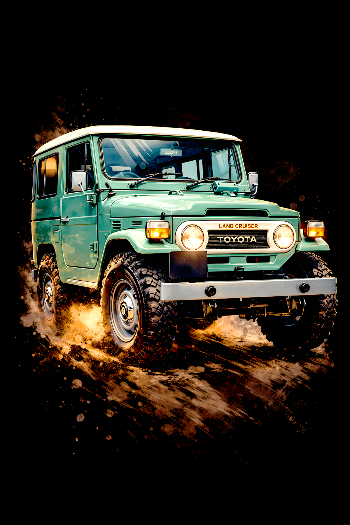 1960–1984 Toyota Land Cruiser FJ40 classic car halftone DTF transfer artwork on a black background