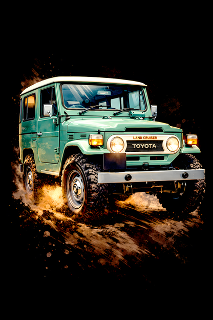 1960–1984 Toyota Land Cruiser FJ40 classic car halftone DTF transfer artwork on a black background