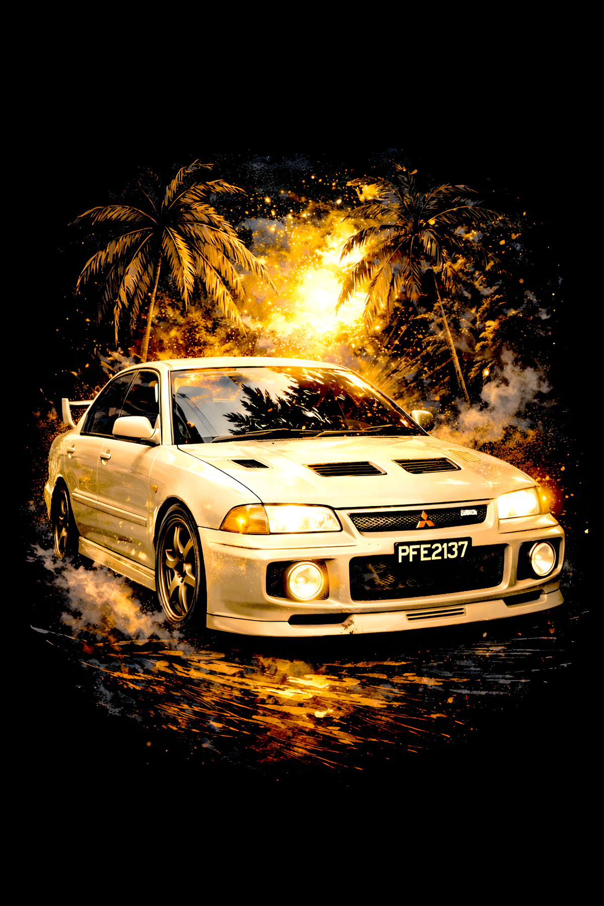 1998 Mitsubishi Lancer Evolution V classic car halftone DTF transfer artwork on a black background
