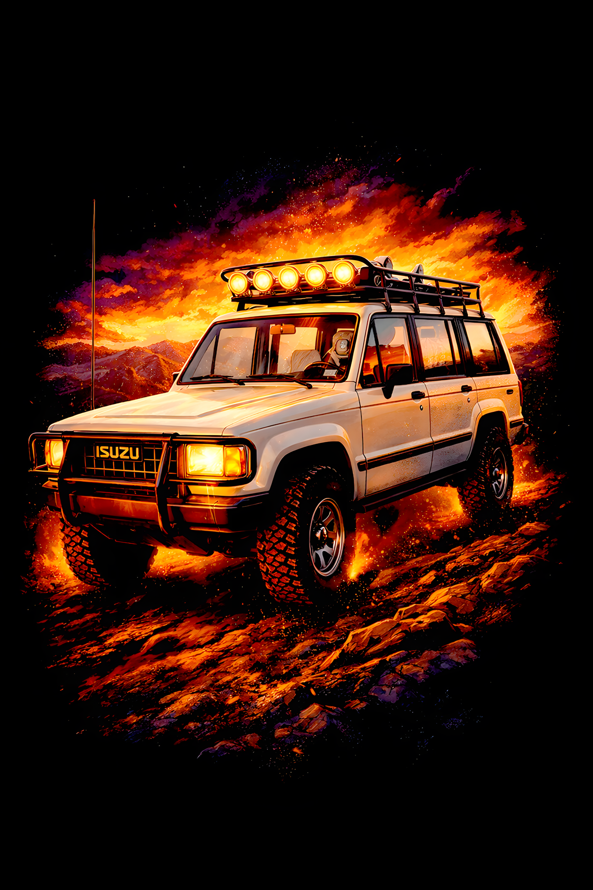 1980s Isuzu Trooper classic car halftone DTF transfer artwork on a black background