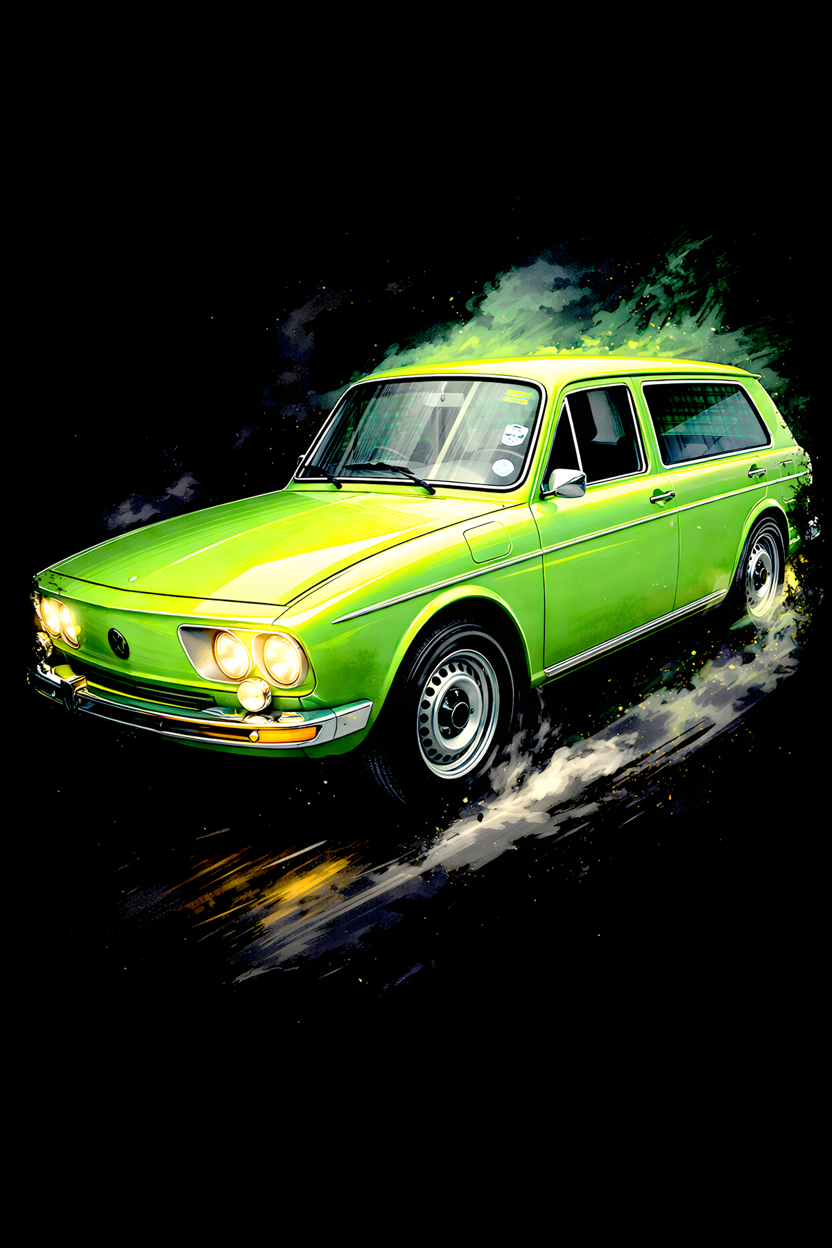 1970s Volkswagen Variant classic car halftone DTF transfer artwork on a black background