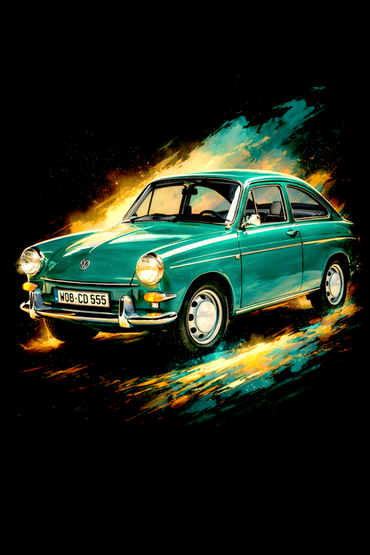 1960s–1970s Volkswagen Type 3 Fastback classic car halftone DTF transfer artwork on a black background