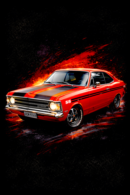 1970s Chevrolet Opala SS classic car halftone DTF transfer artwork on a black background