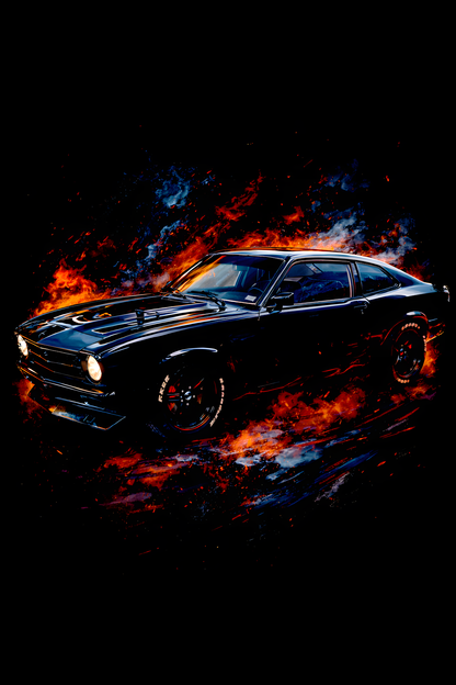 1974 Ford Maverick GT classic car halftone DTF transfer artwork on a black background