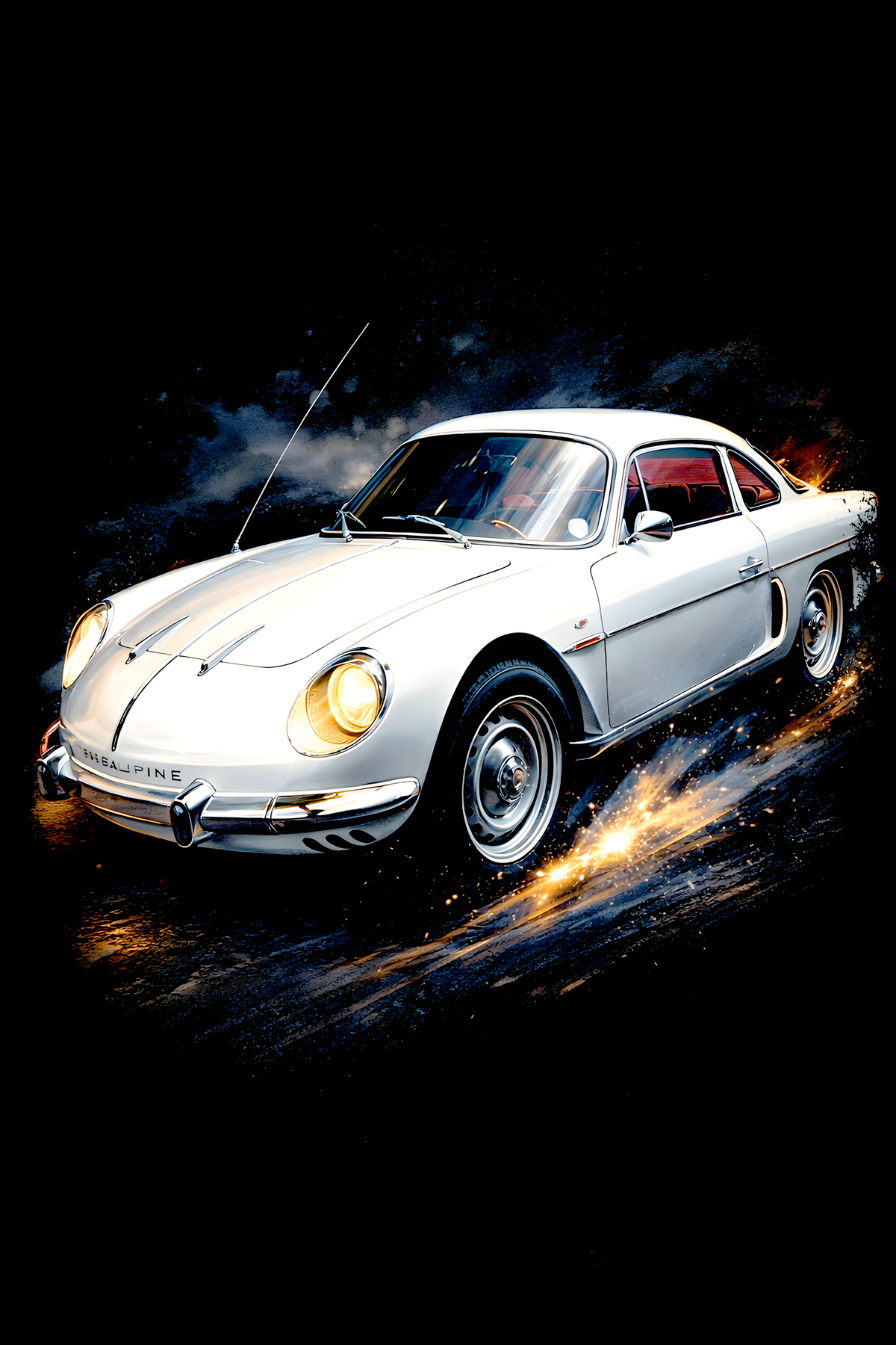 1960s–1970s Renault Alpine A110 classic car halftone DTF transfer artwork on a black background