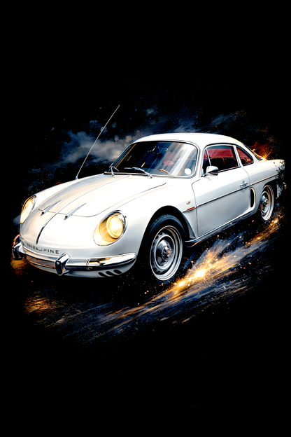 1960s–1970s Renault Alpine A110 classic car halftone DTF transfer artwork on a black background