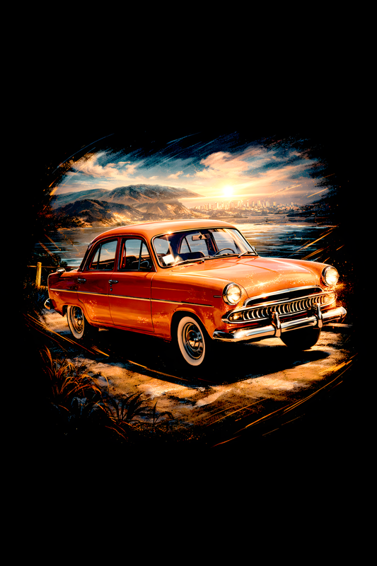 1950s Simca Vedette classic car halftone DTF transfer artwork on a black background