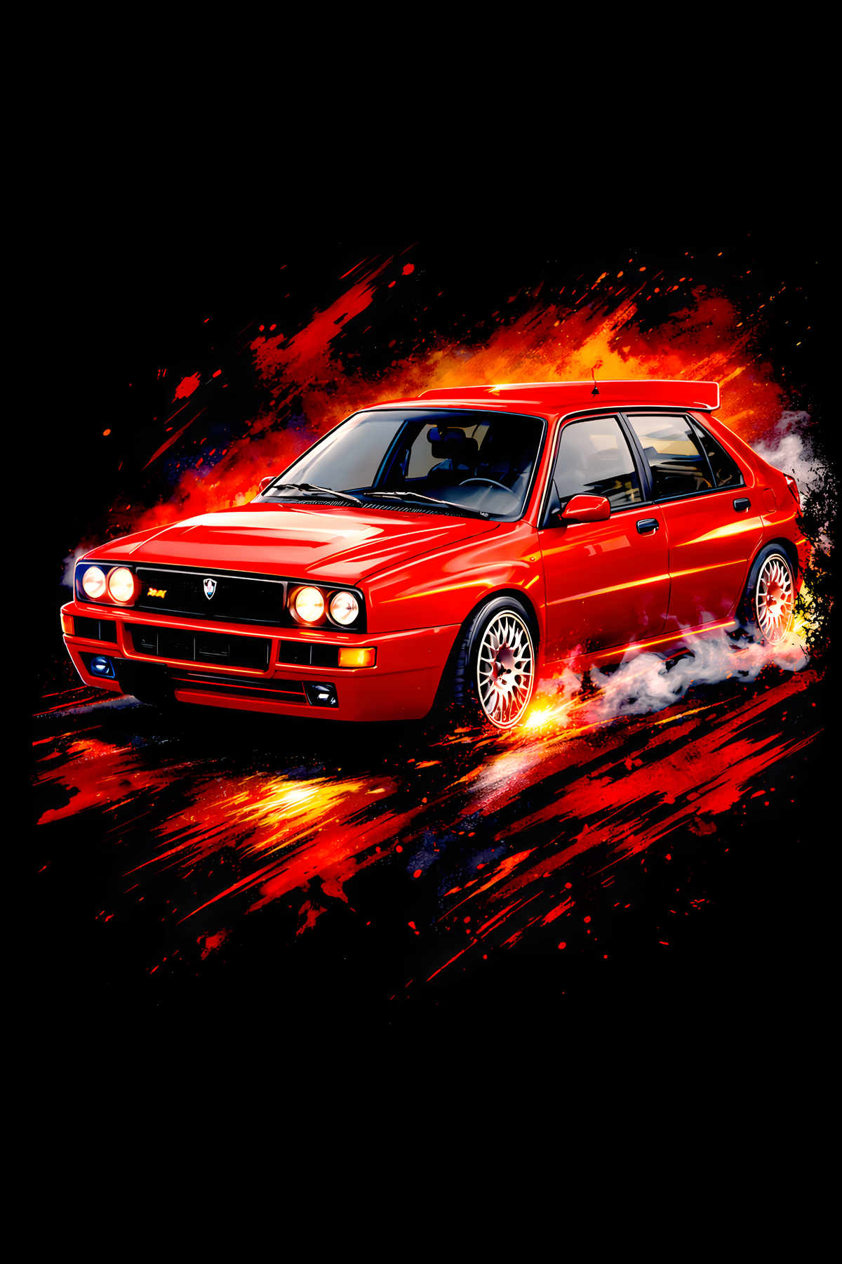 1987–1994 Lancia Delta HF Integrale classic car halftone DTF transfer artwork on a black background