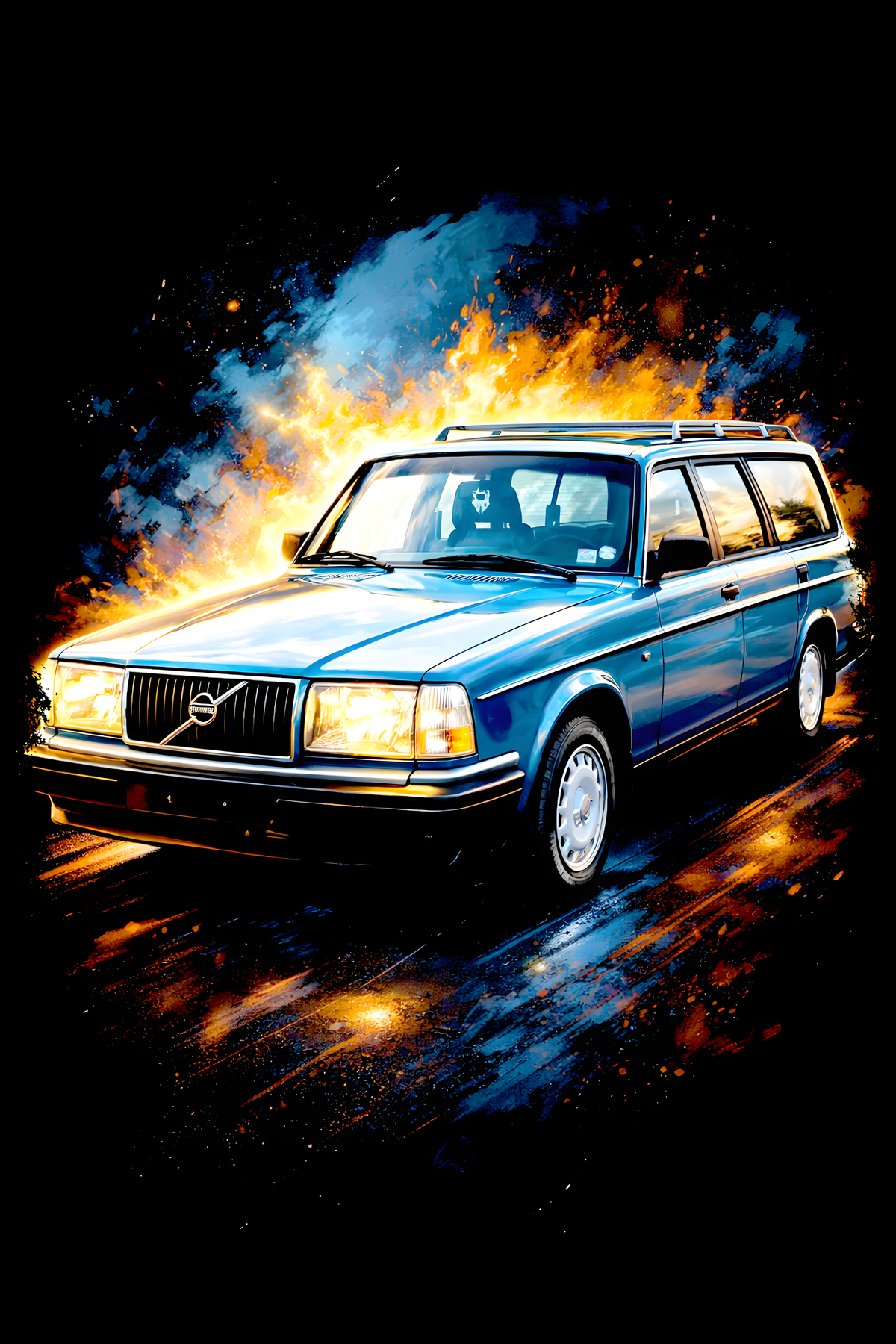 1981–1993 Volvo 240 Wagon classic car halftone DTF transfer artwork on a black background