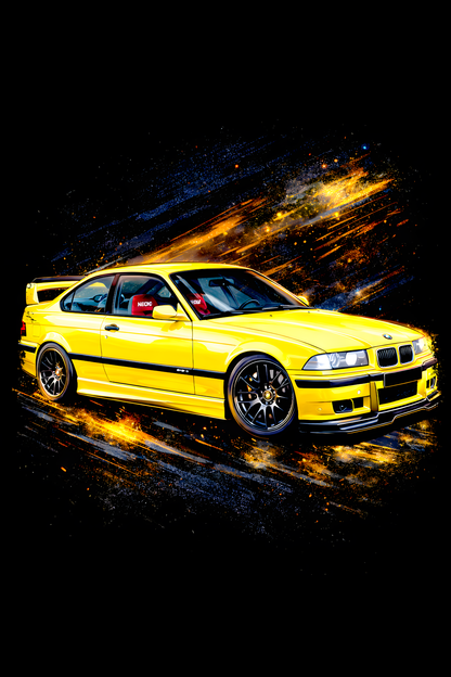 1992–1999 BMW M3 (E36) classic car halftone DTF transfer artwork on a black background