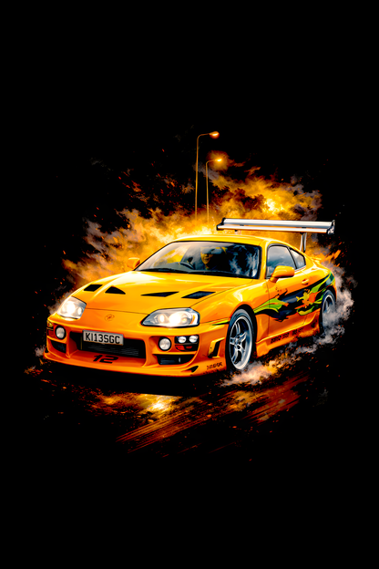 1993–2002 Toyota Supra Mk4 – Orange classic car halftone DTF transfer artwork on a black background