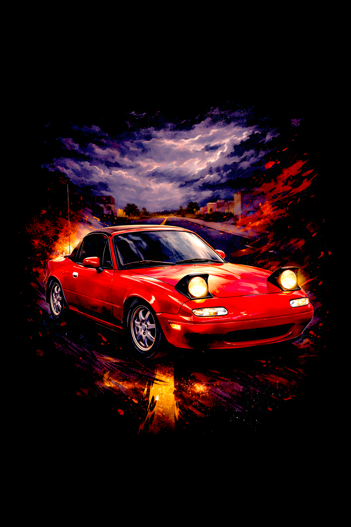 1990s Mazda MX-5 Miata (NA) classic car halftone DTF transfer artwork on a black background