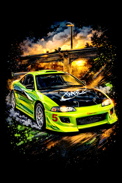 1995 Mitsubishi Eclipse GS classic car halftone DTF transfer artwork on a black background