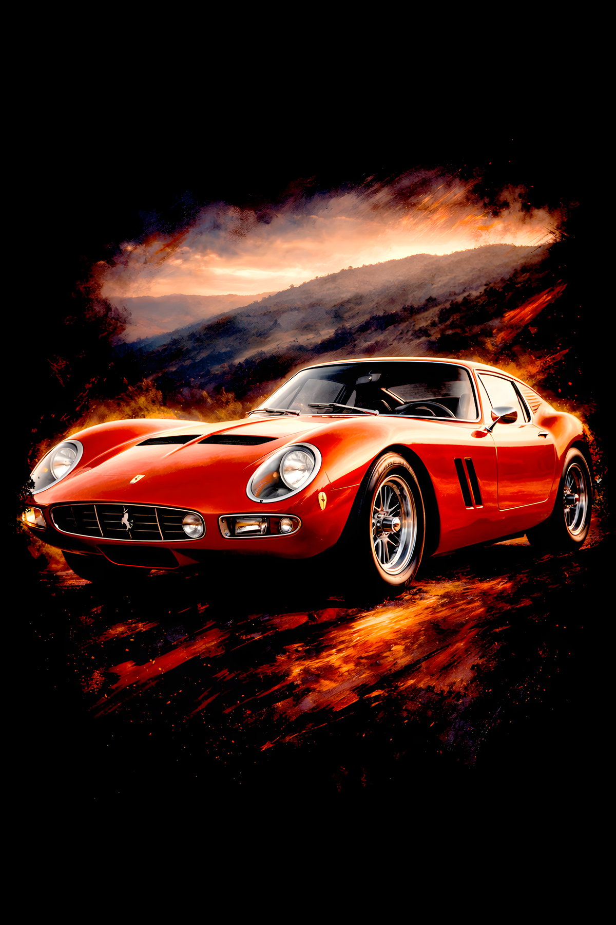 1962–1964 Ferrari 250 GTO classic car halftone DTF transfer artwork on a black background