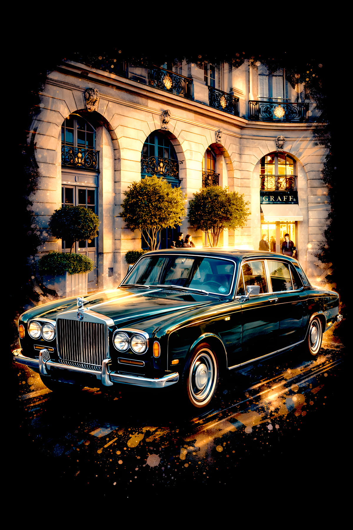1965–1980 Rolls-Royce Silver Shadow classic car halftone DTF transfer artwork on a black background