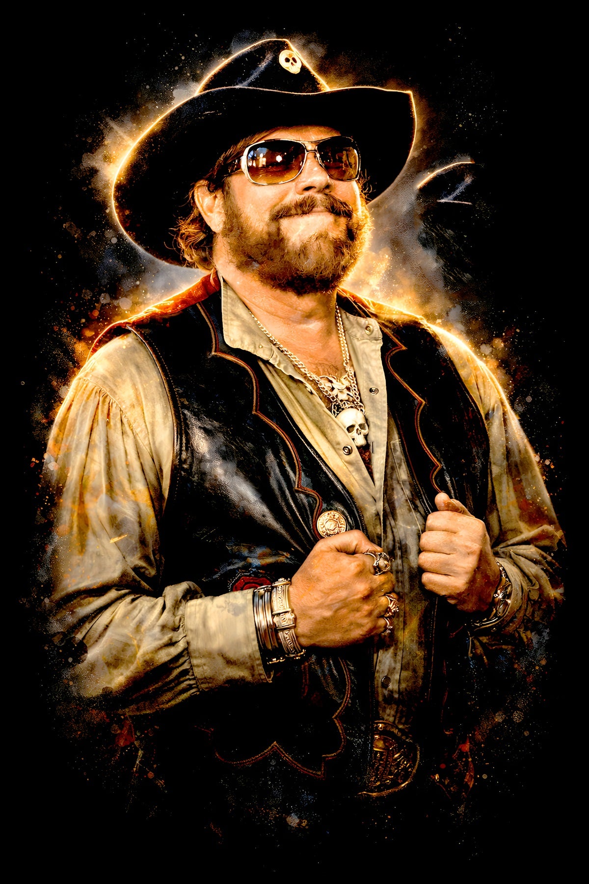 Hank W. Jr. halftone DTF transfer artwork on a black background
