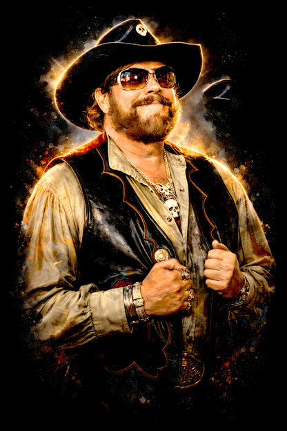 Hank W. Jr. halftone DTF transfer artwork on a black background