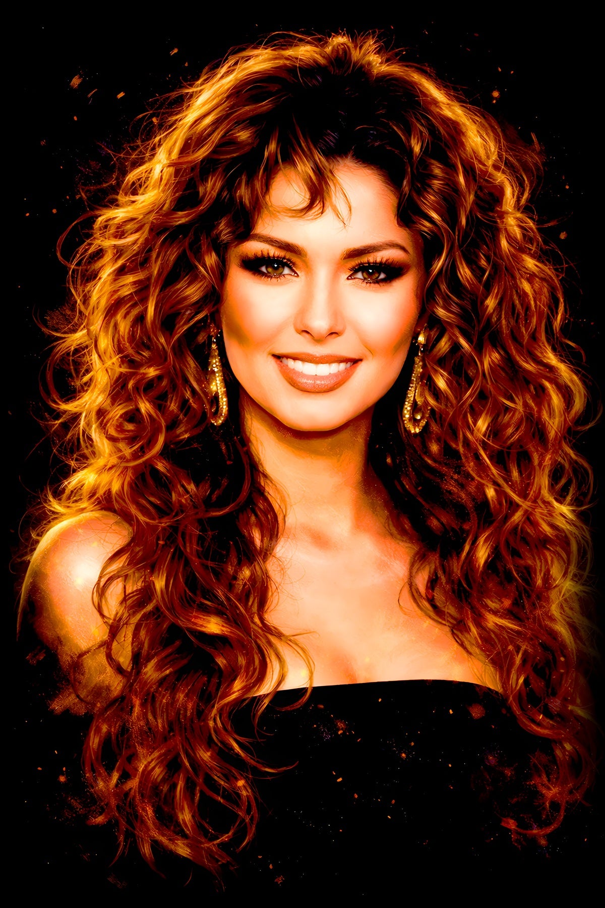 Shania T. halftone DTF transfer artwork on a black background