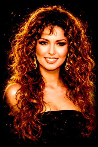 Shania T. halftone DTF transfer artwork on a black background