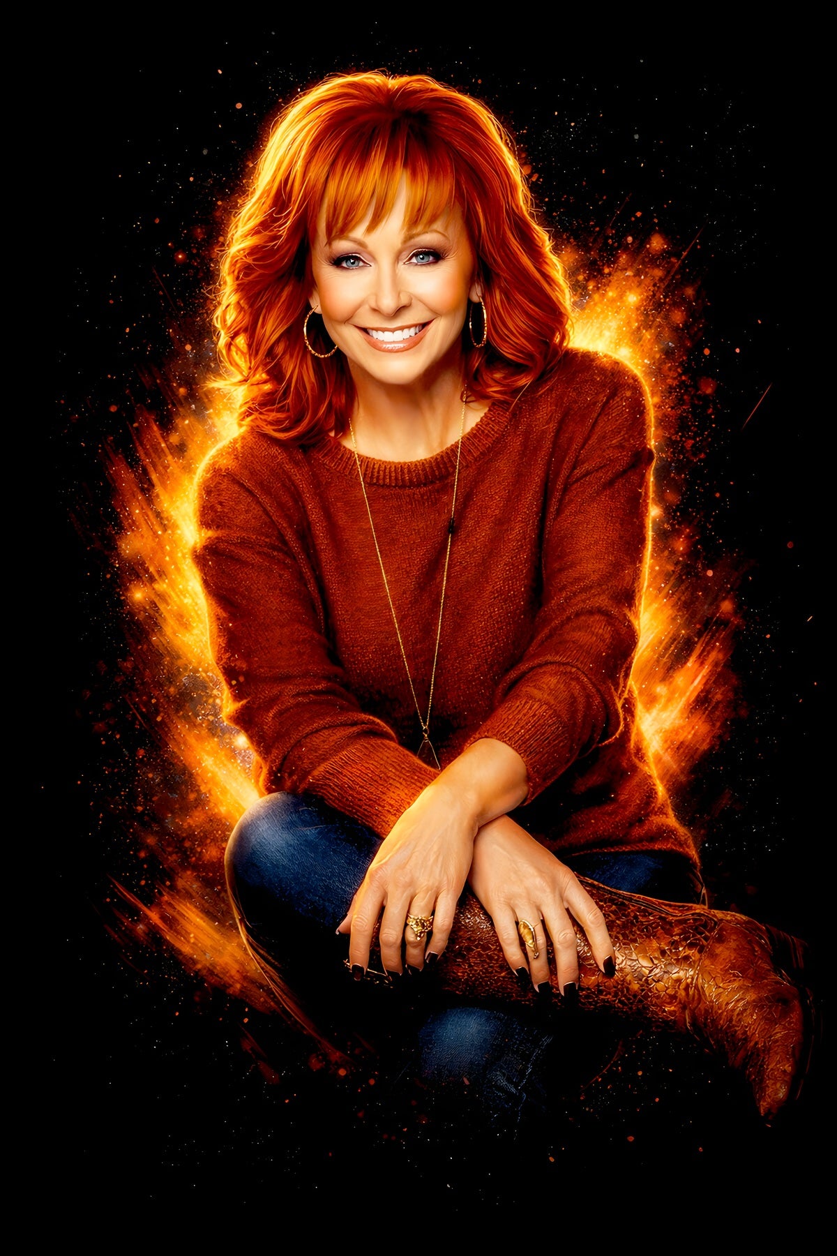 Reba M. halftone DTF transfer artwork on a black background