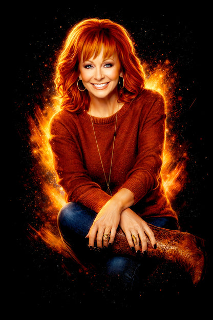 Reba M. halftone DTF transfer artwork on a black background