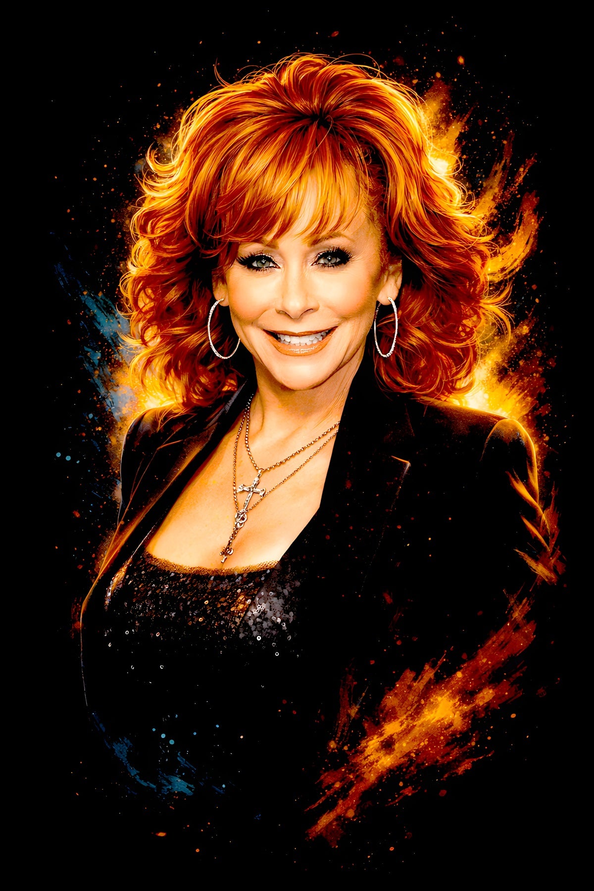 Reba M. halftone DTF transfer artwork on a black background