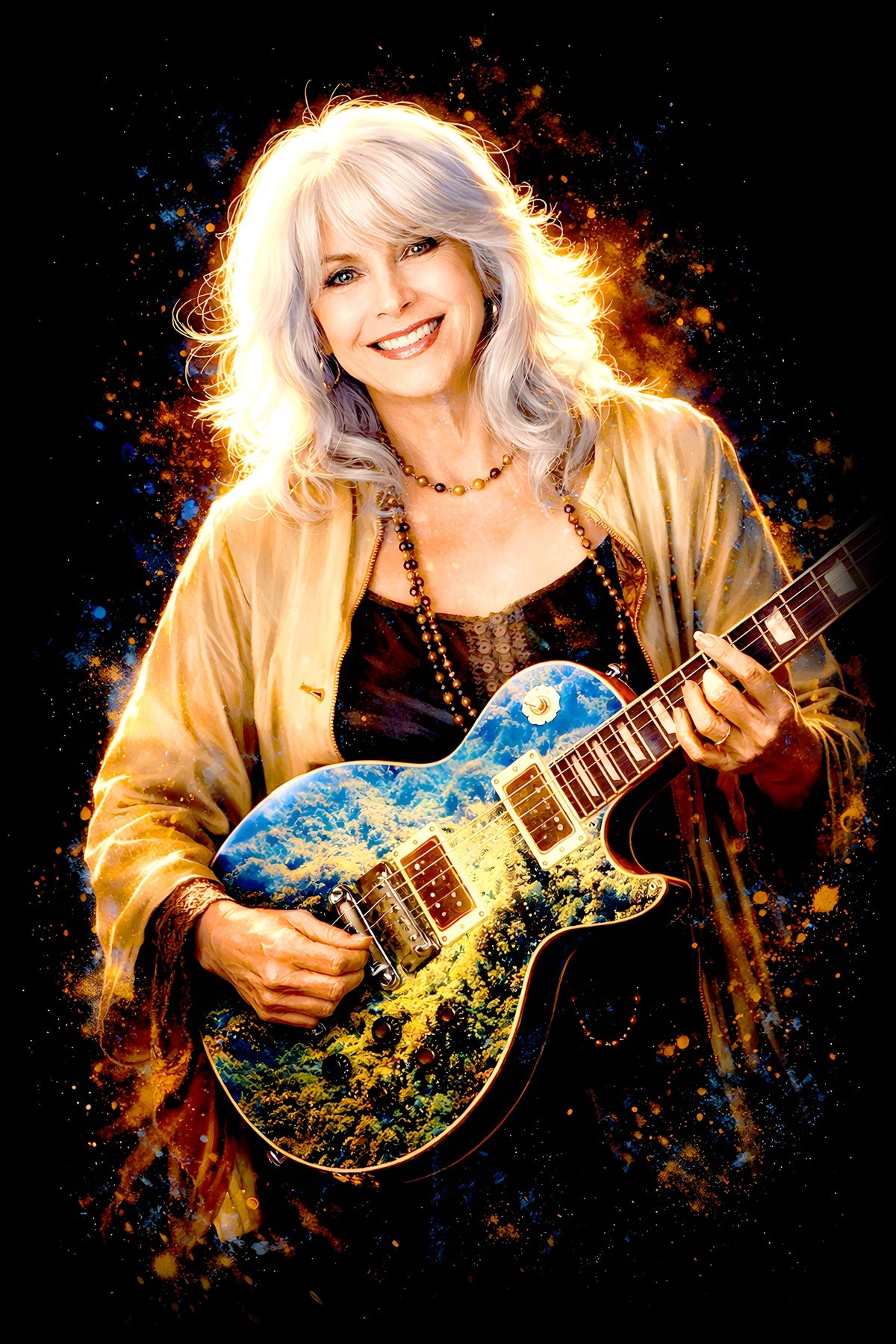 Emmylou H. halftone DTF transfer artwork on a black background