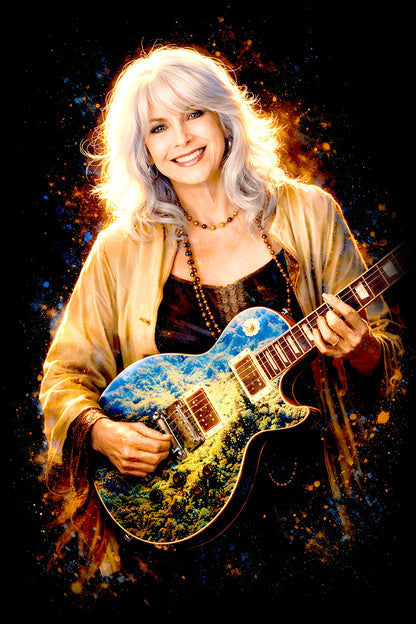 Emmylou H. halftone DTF transfer artwork on a black background