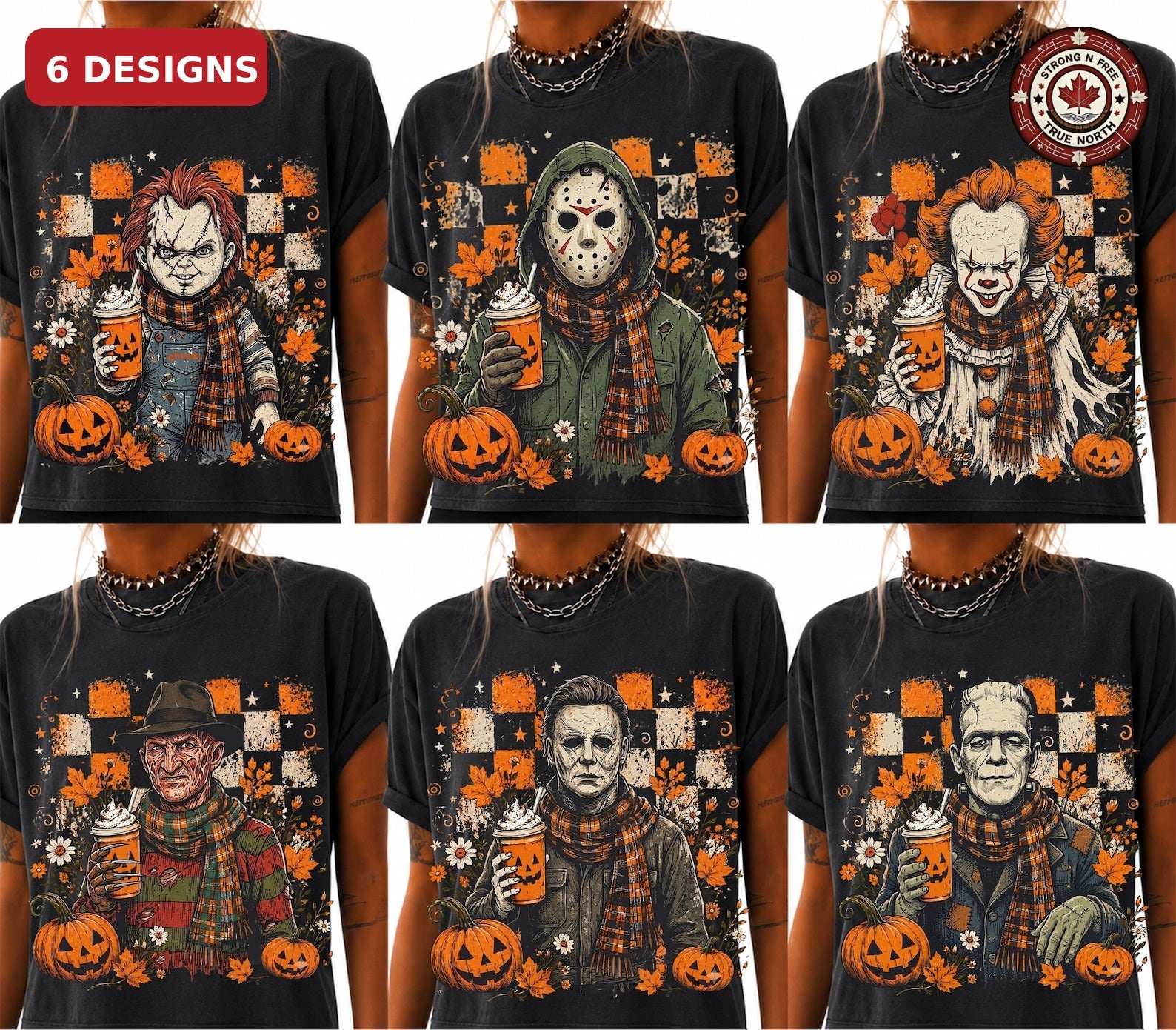 Halloween horror coffee character DTF transfer collection with 6 design options