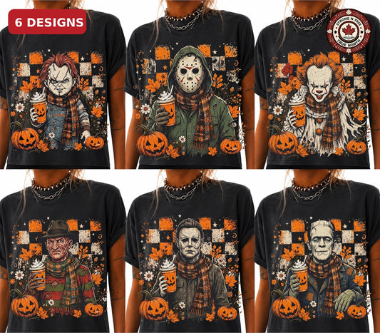 Halloween horror coffee character DTF transfer collection with 6 design options