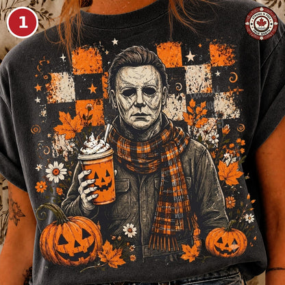 Design 1 masked horror character with pumpkin coffee DTF transfer