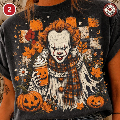 Design 2 creepy clown with pumpkin coffee DTF transfer