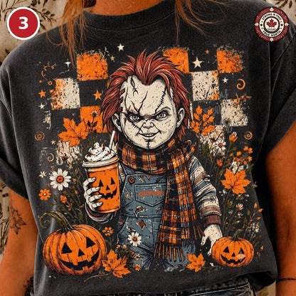Design 3 horror doll with pumpkin coffee DTF transfer