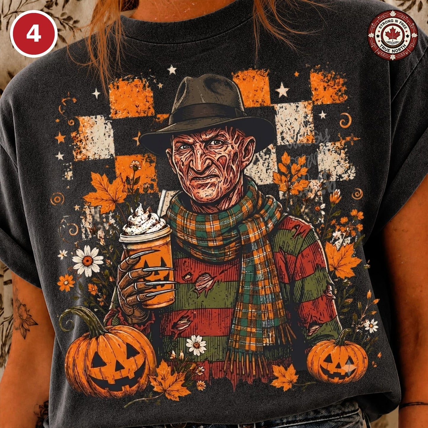Design 4 scarred horror character with pumpkin coffee DTF transfer
