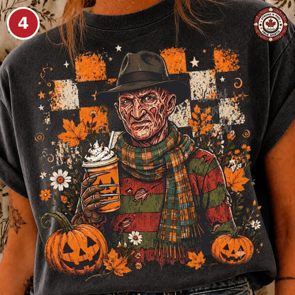 Design 4 scarred horror character with pumpkin coffee DTF transfer
