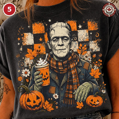 Design 5 classic monster with pumpkin coffee DTF transfer