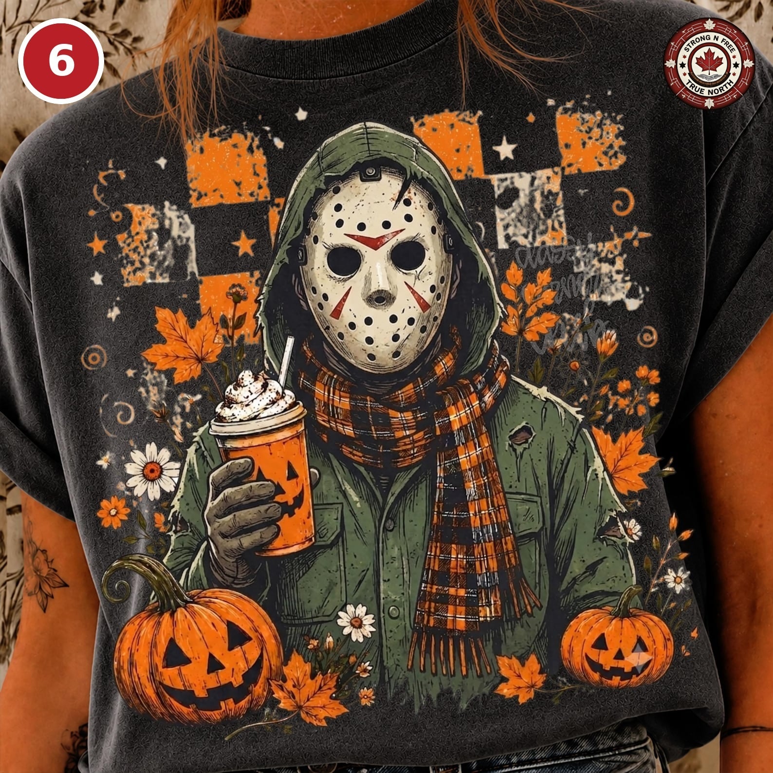 Design 6 hockey-mask horror character with pumpkin coffee DTF transfer